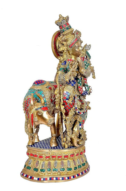 Brassaura® Brass Cow Krishna Statue | 30 Inch Large Krishna with Cow Idol | Handcrafted Brass Murti for Home & Temple