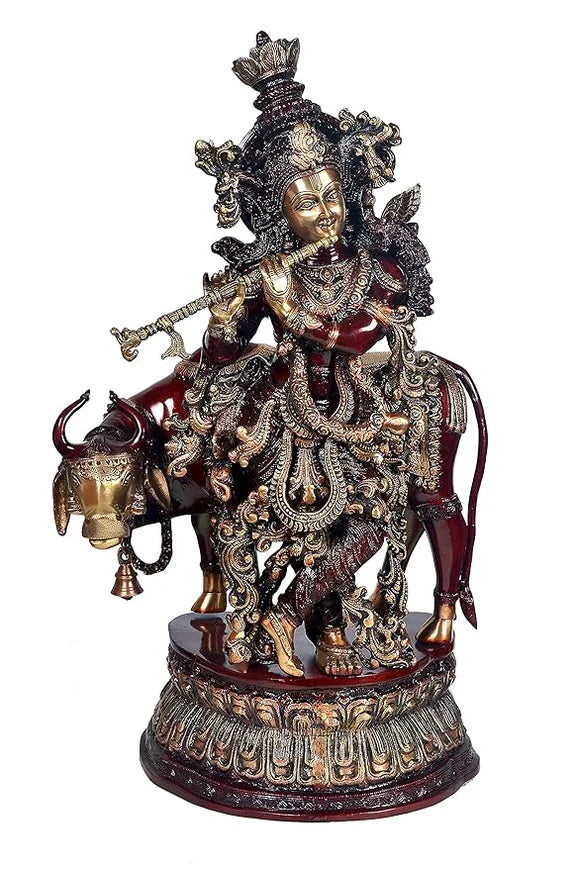 Brassaura® Brass Lord Krishna with Cow Statue | 28 Inch Large Brass Krishna Idol | Handcrafted Murti for Home & Temple