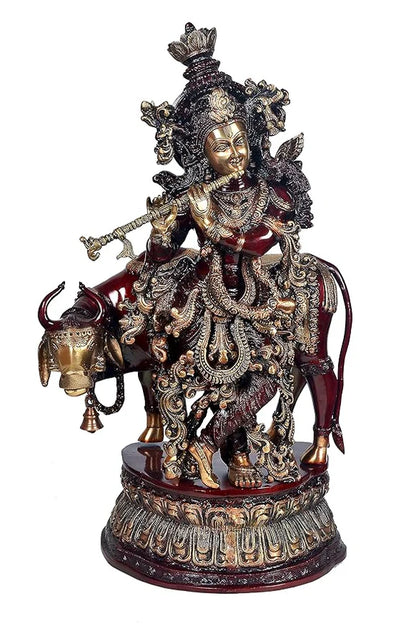 Brassaura® Brass Lord Krishna with Cow Statue | 28 Inch Large Brass Krishna Idol | Handcrafted Murti for Home & Temple
