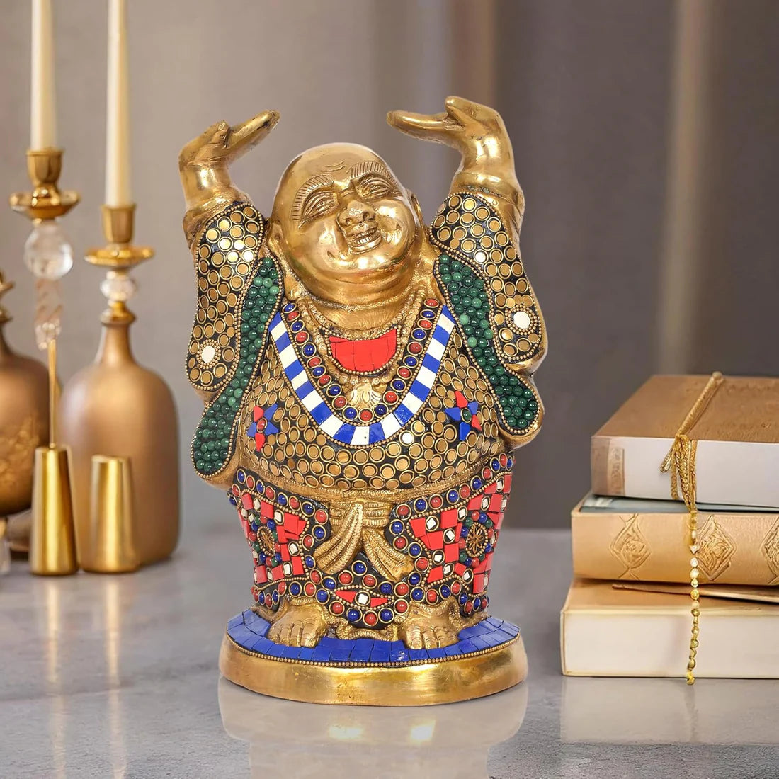 Brassaura® Brass Laughing Buddha Statue | Height 11 Inches | Multicolor Standing Buddha Idol for Home & Office