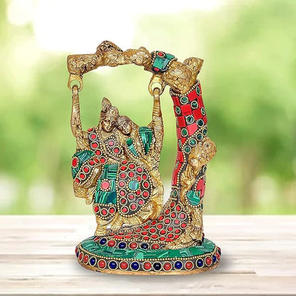 Brassaura® Brass Radha Krishna Idol | 6.5 Inch Multicolor Jhula Statue