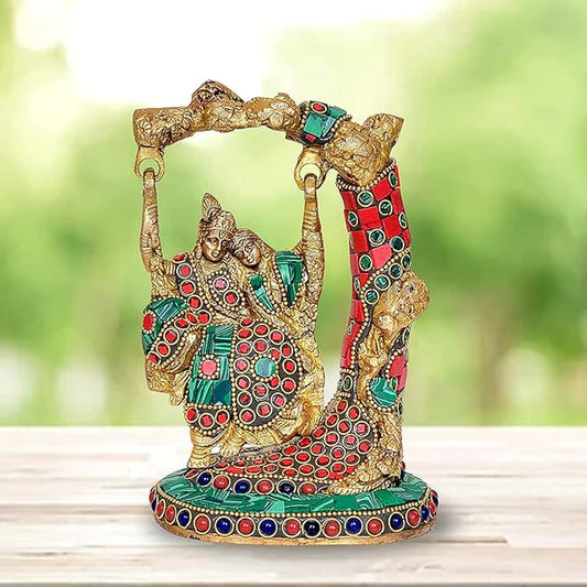 Brassaura® Brass Radha Krishna Idol | 6.5 Inch Multicolor Jhula Statue