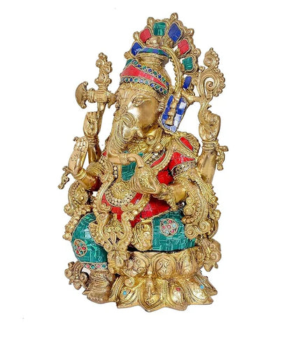 Brassaura® Brass Ganesha Mangalkari Statue with Lotus Frame | Height 16 Inches