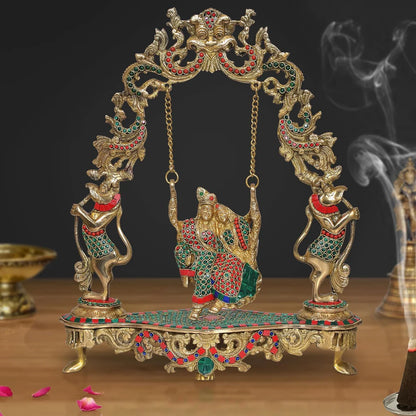 Brassaura® Brass Radha Krishna Jhula Idol | 18 Inch Multicolor Murlidhar Statue | Handcrafted Brass Murti for Home & Temple