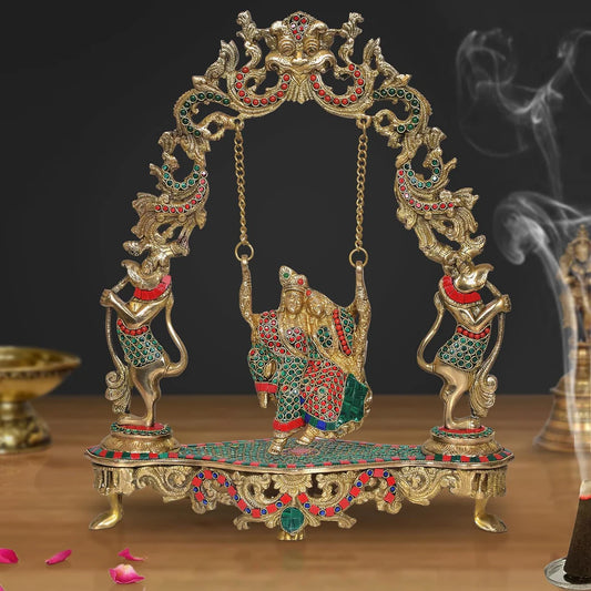 Brassaura® Brass Radha Krishna Jhula Idol | 18 Inch Multicolor Murlidhar Statue | Handcrafted Brass Murti for Home & Temple
