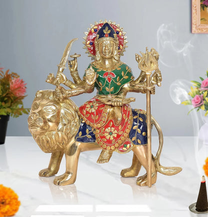 Brassaura® Brass Durga Maa Idol (Sherawali on Lion) | Height 10 Inches