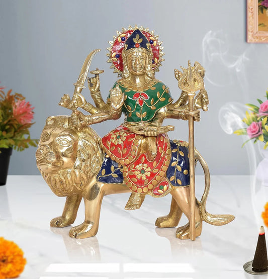 Brassaura® Brass Durga Maa Idol (Sherawali on Lion) | Height 10 Inches