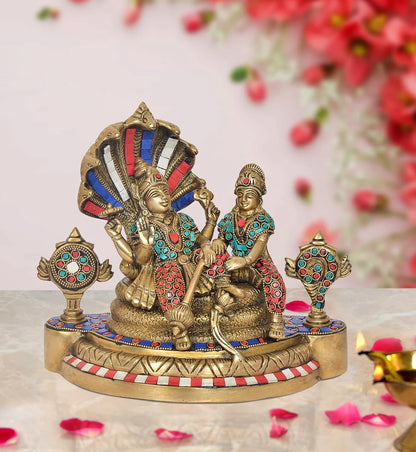 Brassaura® Brass Lakshmi Vishnu Statue | Height 9.5 Inches | Gold Finish Vishnu on Sheshnag Idol for Home & Mandir