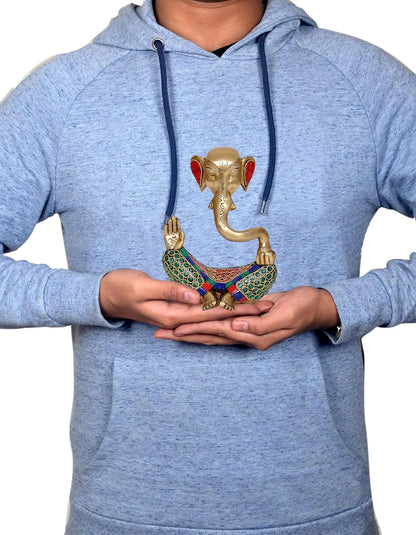 Brassaura® Modern Ganesha Brass Idol with Multicolor Stone Work | Artistic Home Décor Showpiece | Height 6 Inches