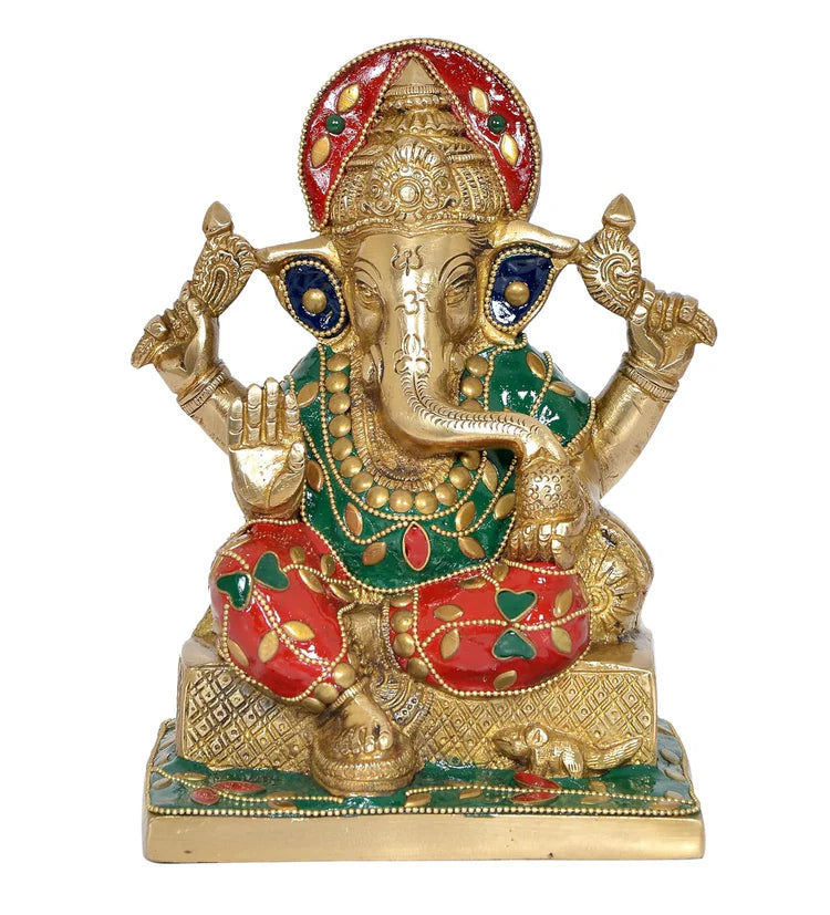 Brassaura® Brass Ganesha Statue with Stonework | Height 7 Inches