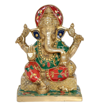 Brassaura® Brass Ganesha Statue with Stonework | Height 7 Inches