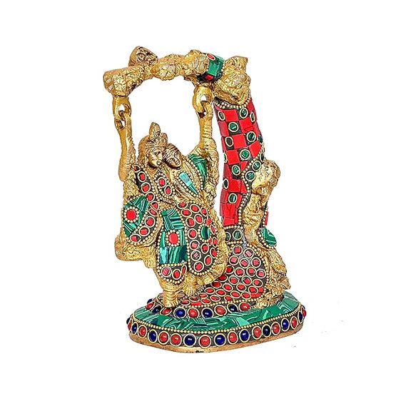 Brassaura® Brass Radha Krishna Idol | 6.5 Inch Multicolor Jhula Statue