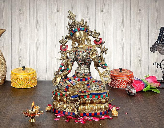 Brassaura® Brass Tara Devi Statue | Height 14 Inches | Large Tibetan Goddess Idol for Home & Meditation Décor