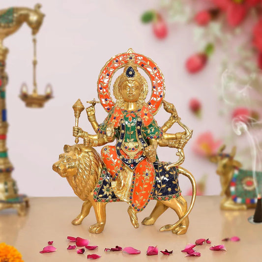 Brassaura® Multicolor Maa Durga Brass Statue on Lion | Handcrafted Devi Idol with Stone Work | Height 14 Inches