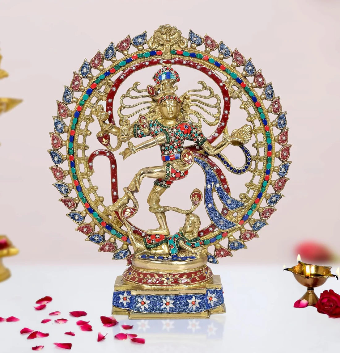 ब्रासोरा® वृंदावन वेणुगोपाल कृष्ण पीतल की प्रतिमा मोर के साथ | एंटीक नीला और सुनहरा रंग | ऊँचाई 20 इंच