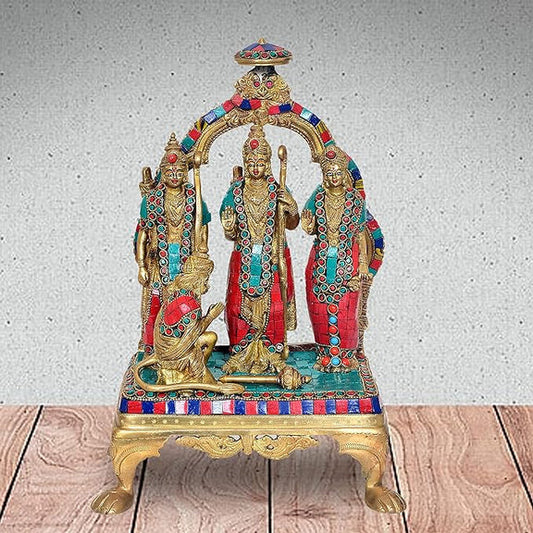 Brassaura® Brass Ram Darbar Statue | Height 13 Inches | Multicolor Lord Ram Darbar Idol for Home & Mandir