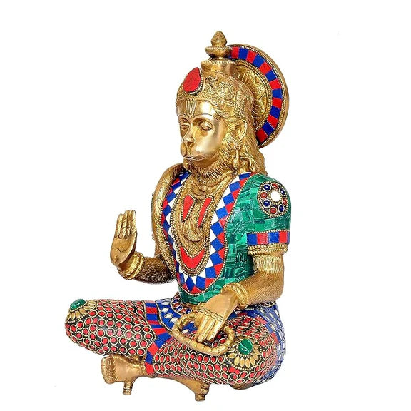 Brassaura® Brass Hanuman Statue | 11 Inch Multicolor Sitting Bajrangbali Idol