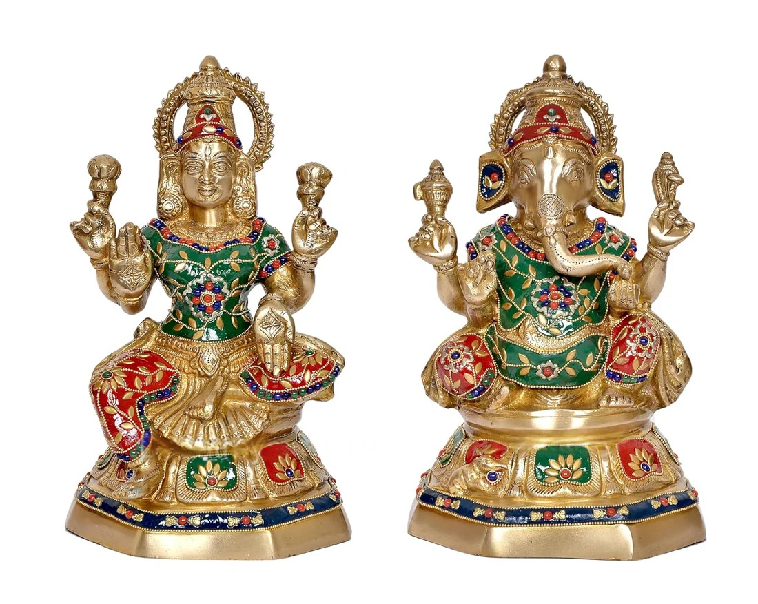 Brassaura® Brass Lakshmi Ganesha Statue | Height 11.5 Inches