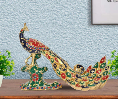 Brassaura® Brass Peacock Multicolour Sculpture | Height 8.5 Inches