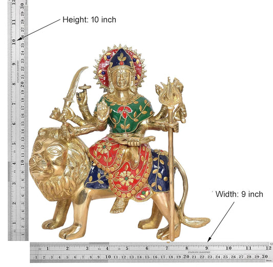 Brassaura® Brass Durga Maa Idol (Sherawali on Lion) | Height 10 Inches