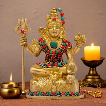 Brassaura™ Brass Gemstone Work Lord Shiva Statue – Height 5.6 Inches & Weight 1.1 Kgs | Spiritual Gifting