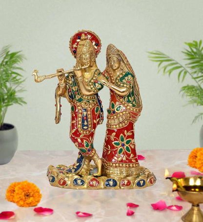 Brassaura® Brass Radha Krishna Statue | Height 10 Inches | Multicolor Murti Idol for Home & Mandir