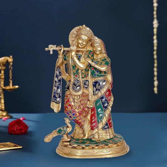 Brassaura™ Brass Radha Krishna Idol Statue with Peacock for Home Decor Temple | Height 11.5 inches & Weight 4.2 Kgs