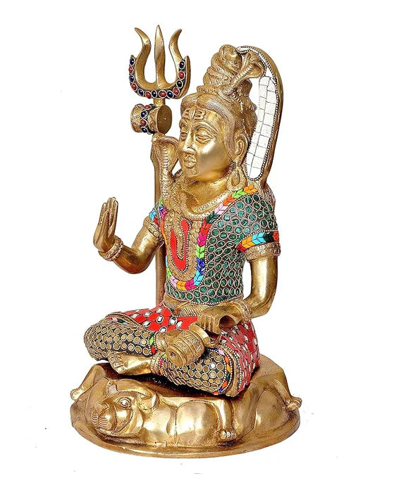 Brassaura® Brass Lord Shiva Idol | 13 Inch Golden Shiv Ji Statue | Handcrafted Brass Mahadev Murti for Home & Temple