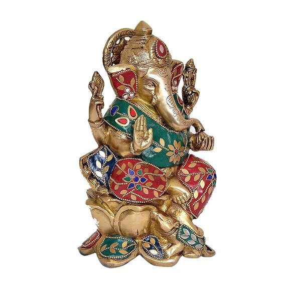 Brassaura® Brass Ganesha Idol | 9 Inch Multicolor Ganpati Statue | Handcrafted Brass Murti for Home & Mandir
