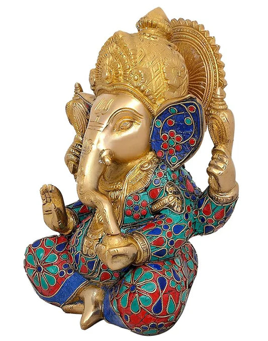 Brassaura® Brass Lord Ganesha Idol | 9 Inch Golden Ganpati Statue with Stonework | Handcrafted Brass Murti for Home & Mandir