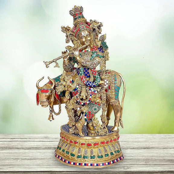 Brassaura® Brass Cow Krishna Statue | 30 Inch Large Krishna with Cow Idol | Handcrafted Brass Murti for Home & Temple