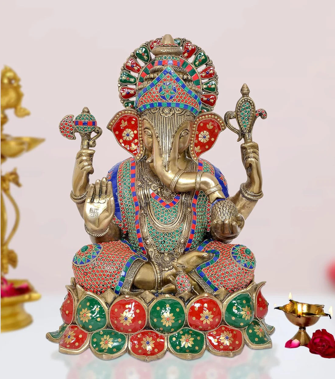 Brassaura® Brass Lord Ganesha Idol | 21.5 Inch Multicolor Ganpati Statue | Handcrafted Brass Murti for Home & Mandir