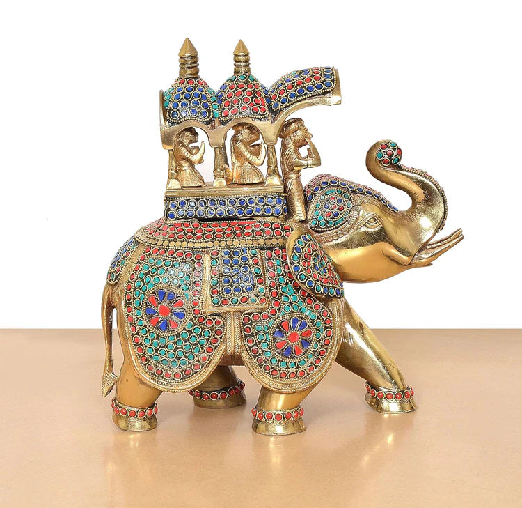 Brassaura® Multicolor Elephant Ambari Brass Statue | Royal Elephant Showpiece with Stone Work | Height 13 Inches