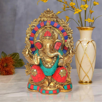 Brassaura® Brass Ganesha Statue | Height 8 Inches | Multicolor Ganpati Idol for Home, Office & Mandir