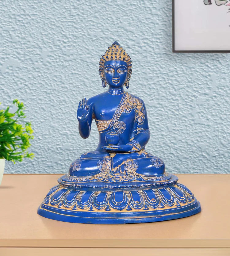 Brassaura® Blue Buddha Brass Statue | Meditating Gautam Buddha Idol for Peace & Spiritual Décor | Height 16 Inches