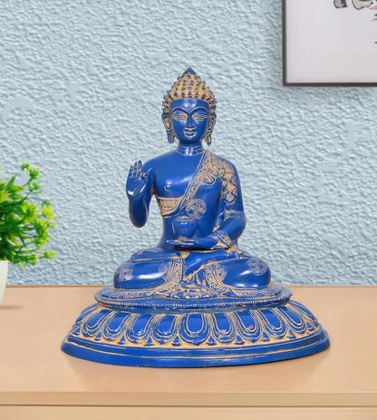 Brassaura® Blue Buddha Brass Statue | Meditating Gautam Buddha Idol for Peace & Spiritual Décor | Height 16 Inches