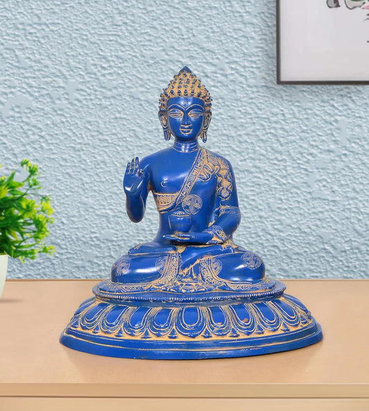 Brassaura® Blue Buddha Brass Statue | Meditating Gautam Buddha Idol for Peace & Spiritual Décor | Height 16 Inches