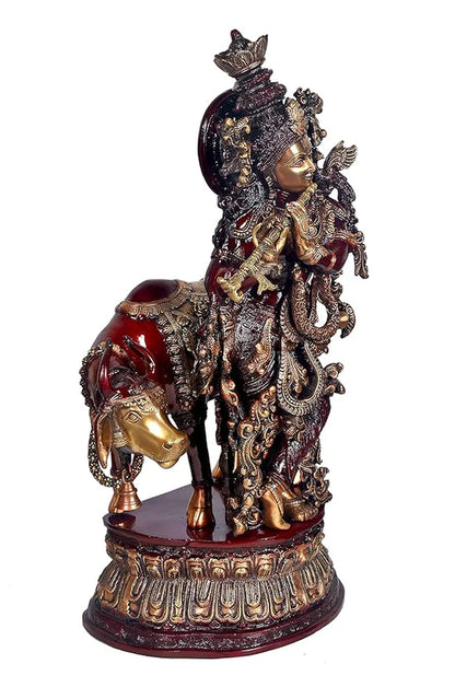 Brassaura® Brass Lord Krishna with Cow Statue | 28 Inch Large Brass Krishna Idol | Handcrafted Murti for Home & Temple