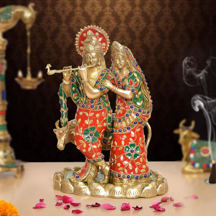 Brassaura® Multicolor Radha Krishna Brass Statue | Handcrafted Krishna Playing Flute Idol | Height 11 Inches