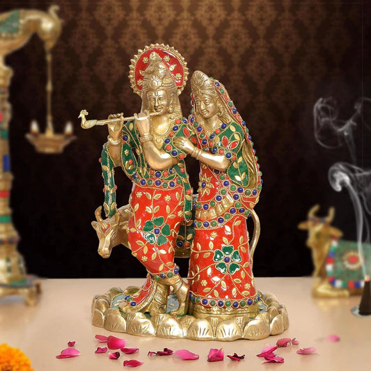 Brassaura® Multicolor Radha Krishna Brass Statue | Handcrafted Krishna Playing Flute Idol | Height 11 Inches