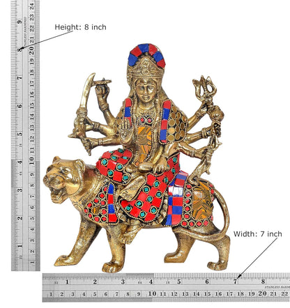 Brassaura® Brass Durga Maa Statue | Height 8 Inches | Sherawali Mata Rani Idol with Lion for Home & Mandir