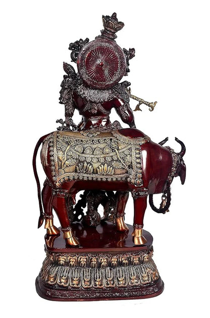 Brassaura® Brass Lord Krishna with Cow Statue | 28 Inch Large Brass Krishna Idol | Handcrafted Murti for Home & Temple