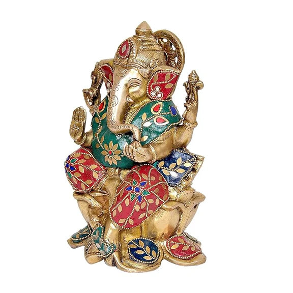Brassaura® Brass Ganesha Idol | 9 Inch Multicolor Ganpati Statue | Handcrafted Brass Murti for Home & Mandir