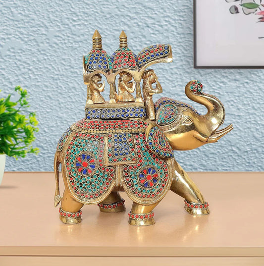 Brassaura® Multicolor Elephant Ambari Brass Statue | Royal Elephant Showpiece with Stone Work | Height 13 Inches