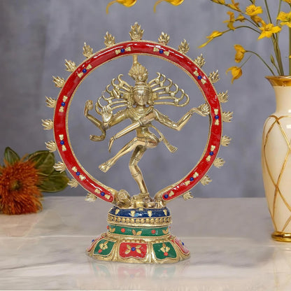 Brassaura® Brass Shiva Nataraj Idol | 11.5 Inch Multicolor Dancing Shiva Statue | Handcrafted Brass Murti for Home & Office Décor