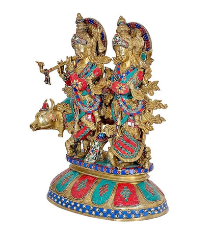 Brassaura® Brass Krishna Radha Cow Statue | Height 18 Inches