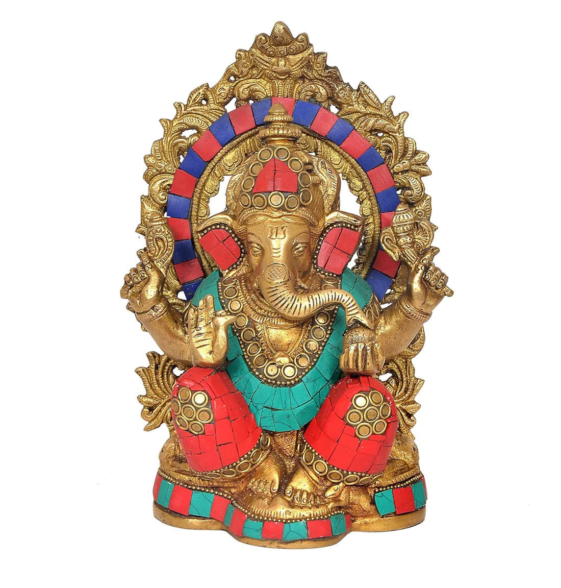 Brassaura® Brass Ganesha Statue | Height 8 Inches | Multicolor Ganpati Idol for Home, Office & Mandir