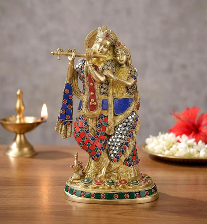 Brassaura® Brass Standing Radha Krishna Idol with Peacock Design | Height 12 Inches