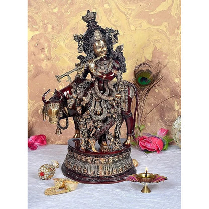 Brassaura® Brass Lord Krishna with Cow Statue | 28 Inch Large Brass Krishna Idol | Handcrafted Murti for Home & Temple