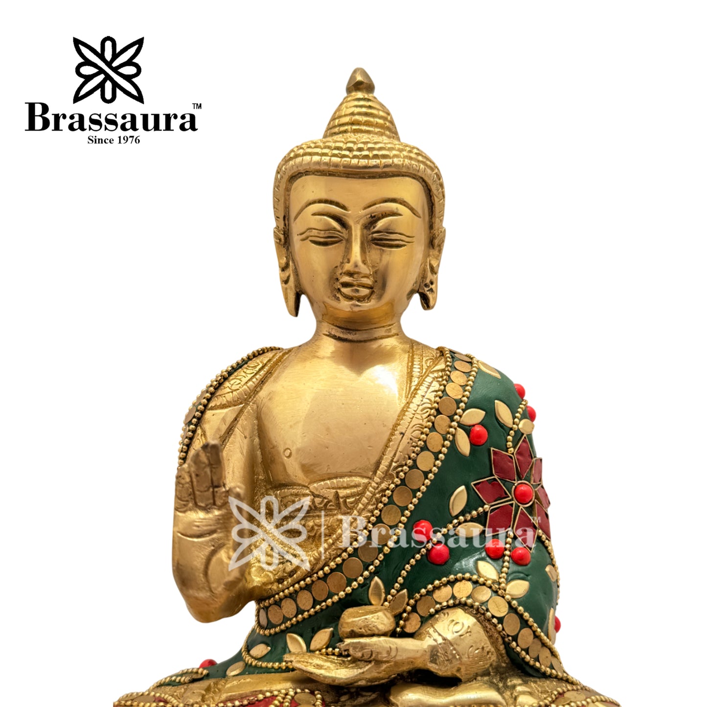 Brass Gem Stone Work Meditative Buddha Idol for Home and Decor Weight 3.6 Kg Height 25 cm